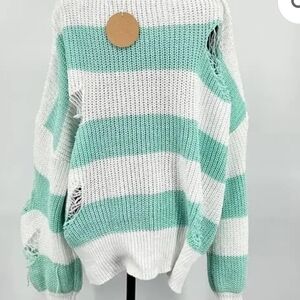 Oversized Distressed Chunky Knit Sweater Stripe BiBi Women’s Mint  And White NWT